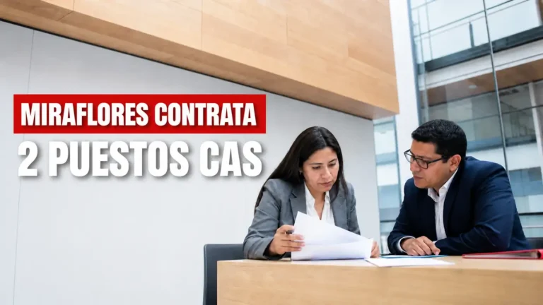 Profesionales revisando documentos para una convocatoria CAS de Miraflores
