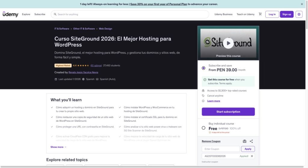 Udemy muestra el curso de SiteGround a precio gratuito con 100 por ciento de descuento