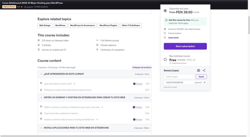 Temario desplegado del curso de SiteGround en Udemy con 11 secciones y 27 clases