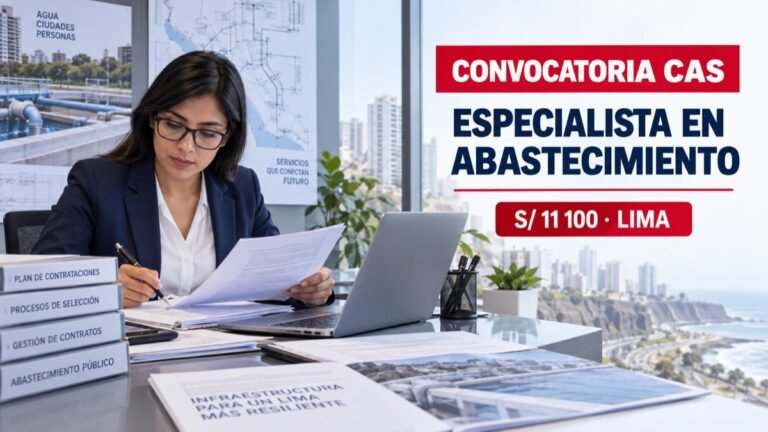Ilustración editorial sobre la convocatoria CAS de especialista en abastecimiento en Lima, remuneración S/ 11 100.