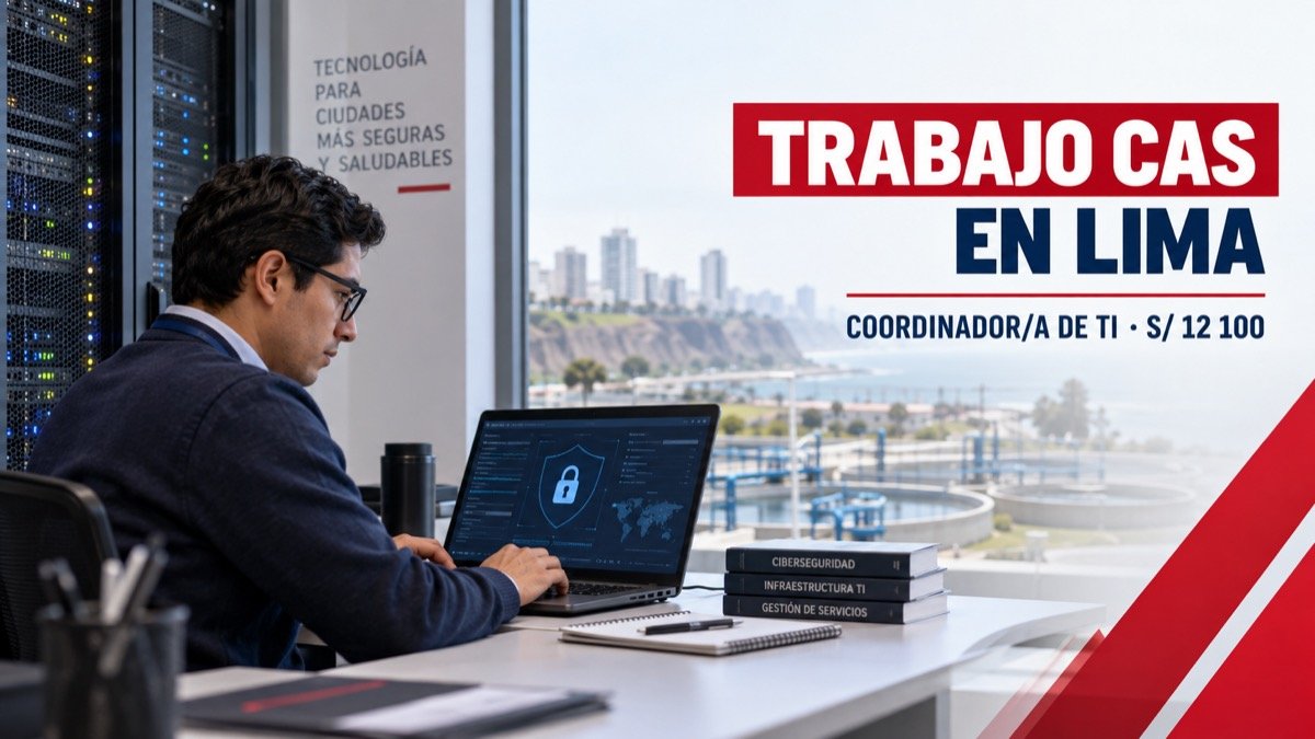 Ilustración editorial de un coordinador de tecnologías de la información en Lima, con sueldo anunciado de S/ 12 100.