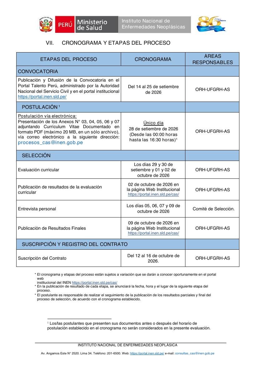 Captura de la página 4 de las bases oficiales INEN CAS 186-2026 con fecha y horario de postulación