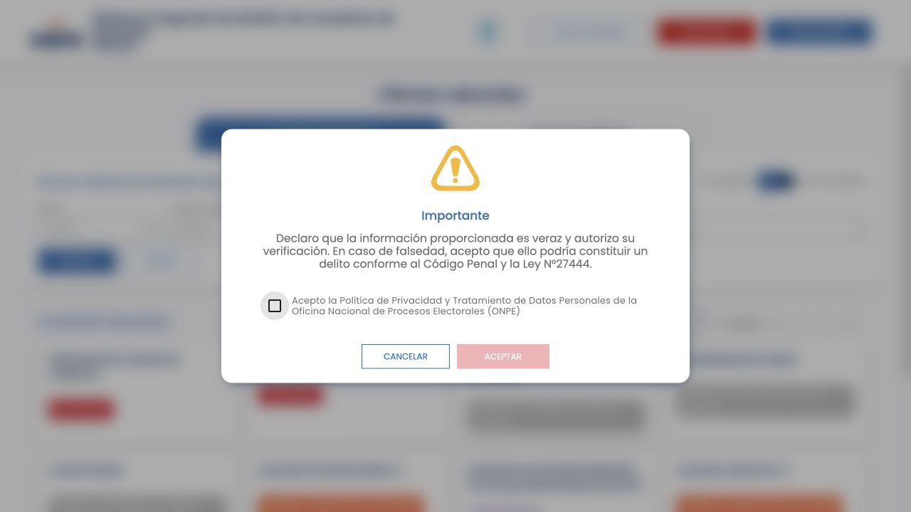 Aviso de privacidad que aparece al iniciar el registro en el portal SIGLOC de ONPE