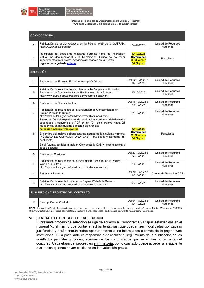 Fecha de inscripción del 9 de octubre y secuencia de evaluación publicada por SUTRAN